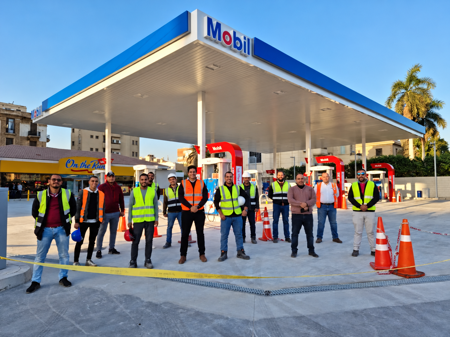 Dimass team wearing protective equipment at a fuel station